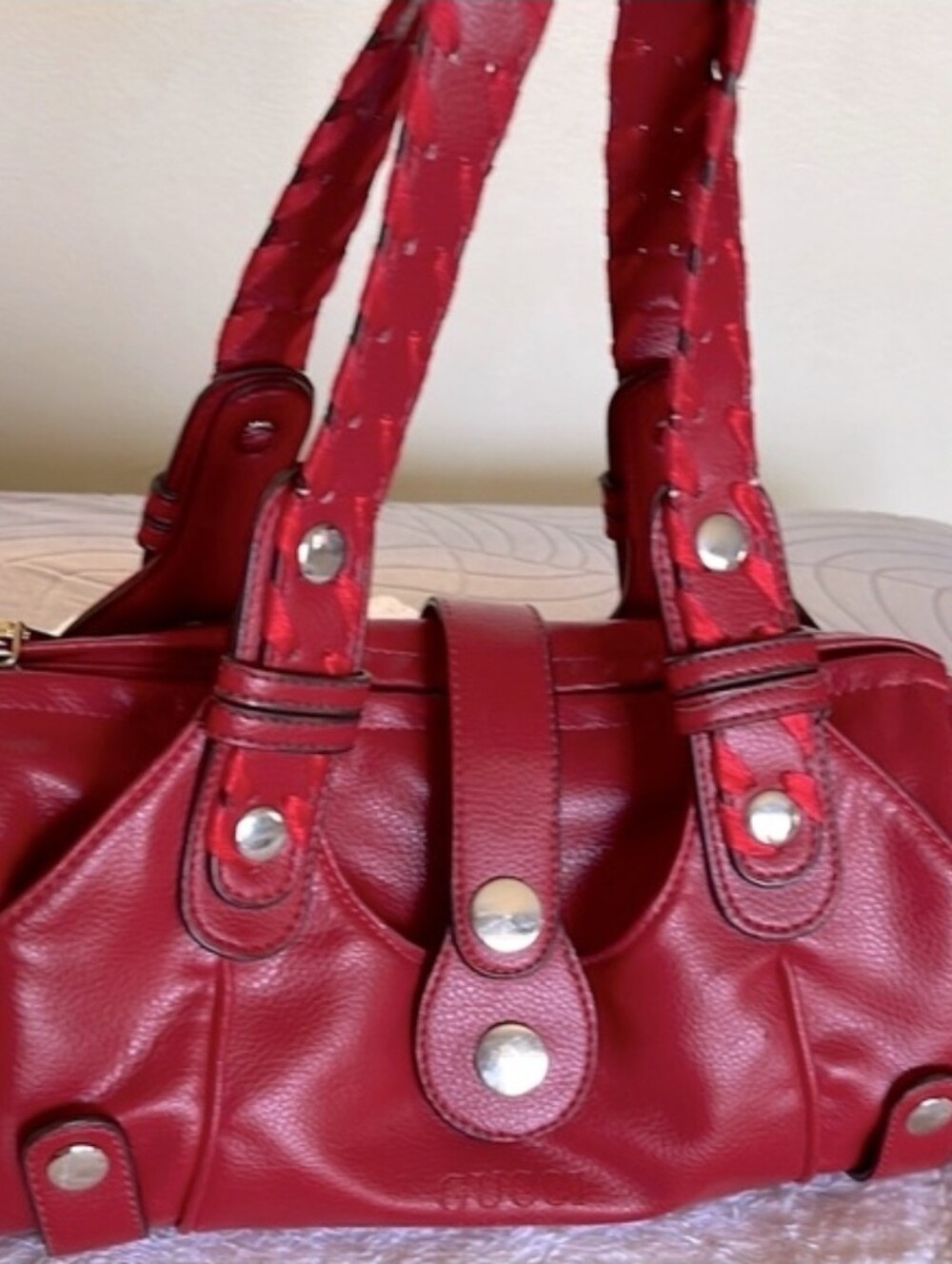 Red Leather Shoulder Bag with Silver Accents
